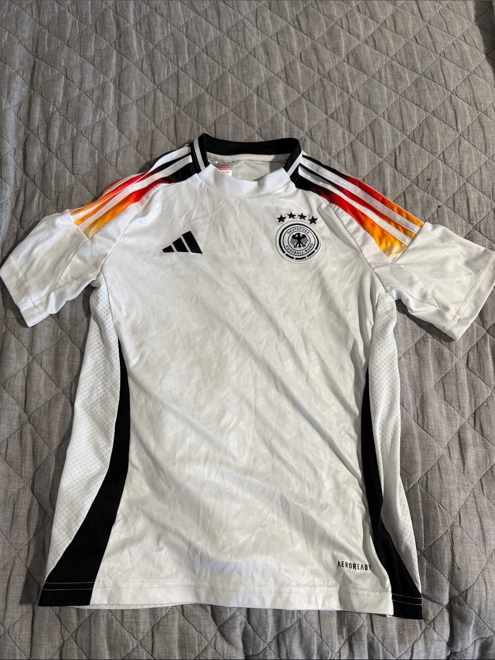 adidas White Germany Soccer Jersey with Red-Orange-Yellow Shoulder Stripes